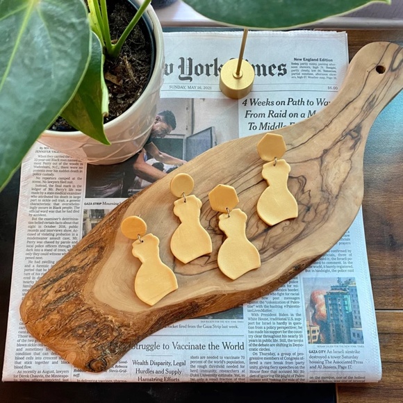 Handmade Clay Earrings | Forms of a Woman Silhouette | Yellow w/ Hexagon Stud - Picture 4 of 7